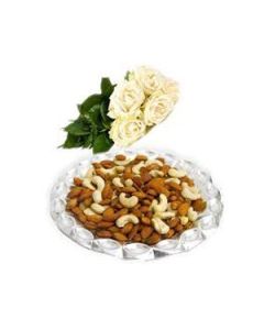 12 White Roses Bouquet With 1 Kg Assorted Dryfruits 