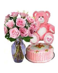 15 Pink Roses in Vase with 1 Kg Fruit Cake and 6 Inch Teddy 